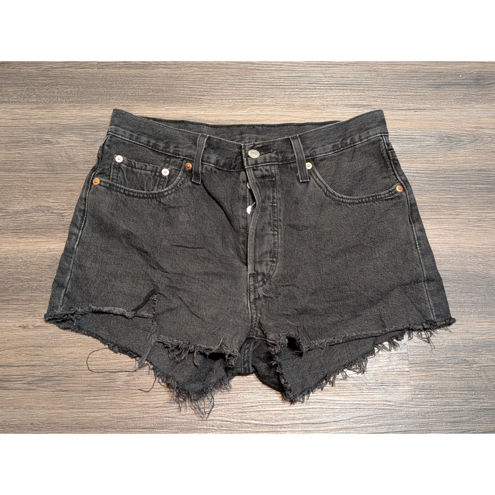 Levis 501 Original Black Denim Cut Off Shorts High Rise Button Fly W29